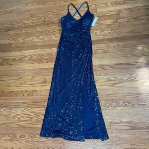 Eliza J Sequin Gown Maxi Dress Sleeveless V Neck Slit Ruched Navy Blue 10